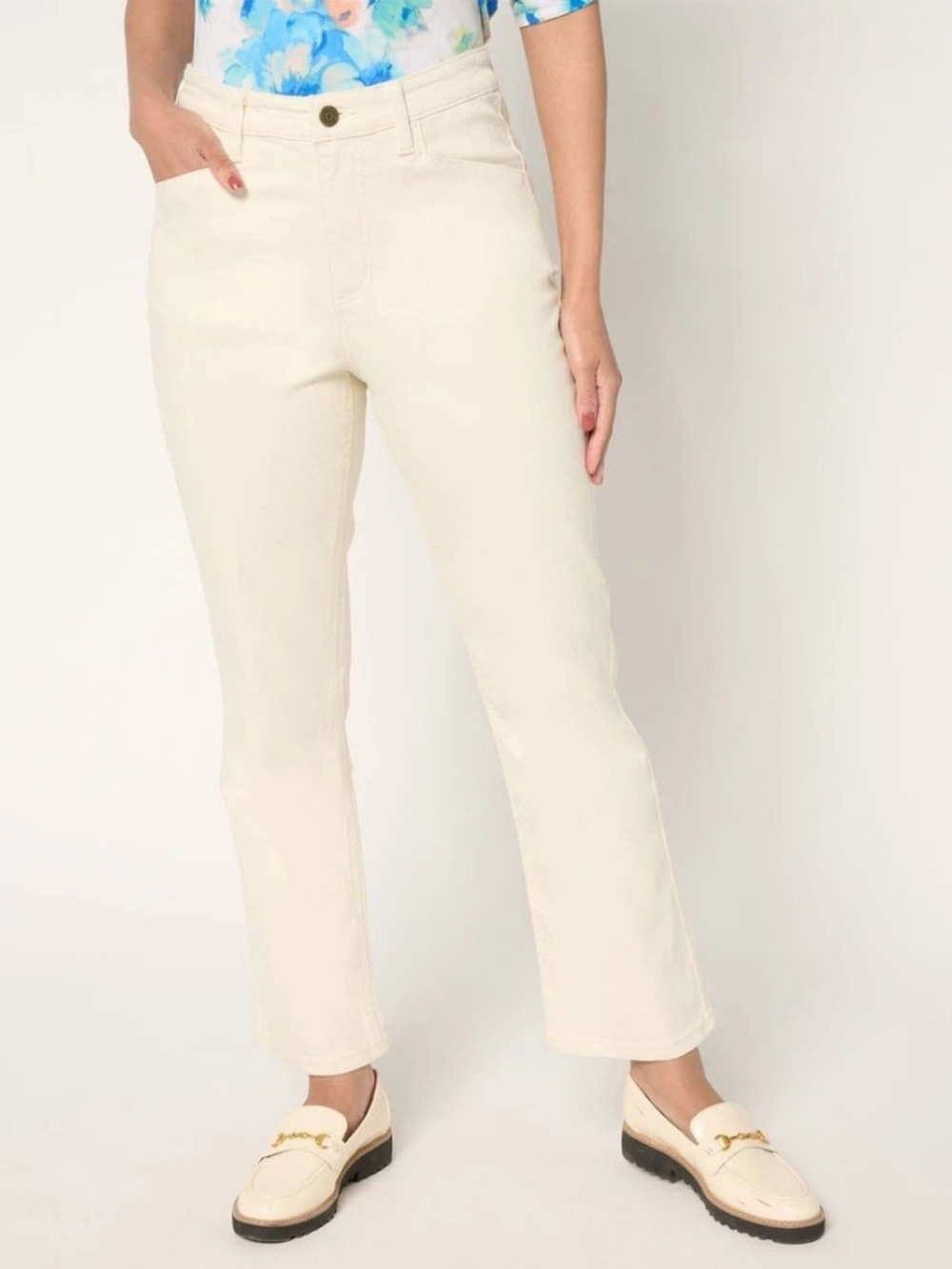 Susan Graver Petite 14 Cream Stretch Denim Bootcut Ankle Jean NWT A681021 QVC